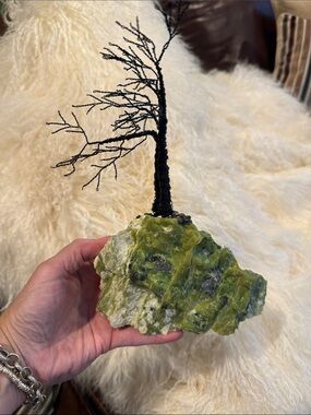 Artisan Black Wire Bonsai Sculpture on Green Serpentine